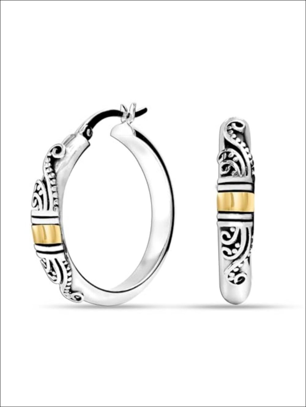 925 Sterling Silver Hoop Earrings Bali-Style Italian Antique Click-Top